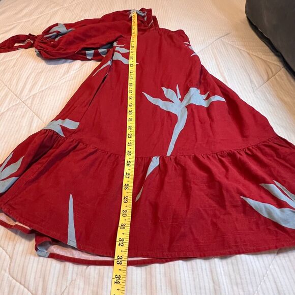 Maria Filo Womens Dress Medium Mini Red Linen Blend Pocket Cottage Floral Beachy - Picture 7 of 8